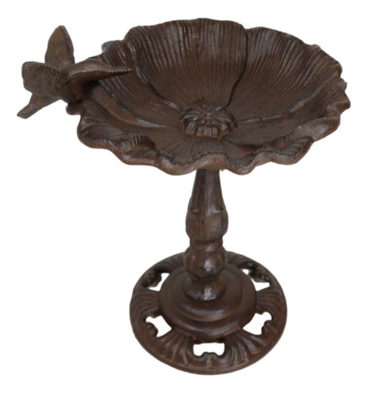 Rustic Cast Iron Hummingbird Perching On Flower Garden Bird Feeder Bath 10.5"H - Ebros Gift