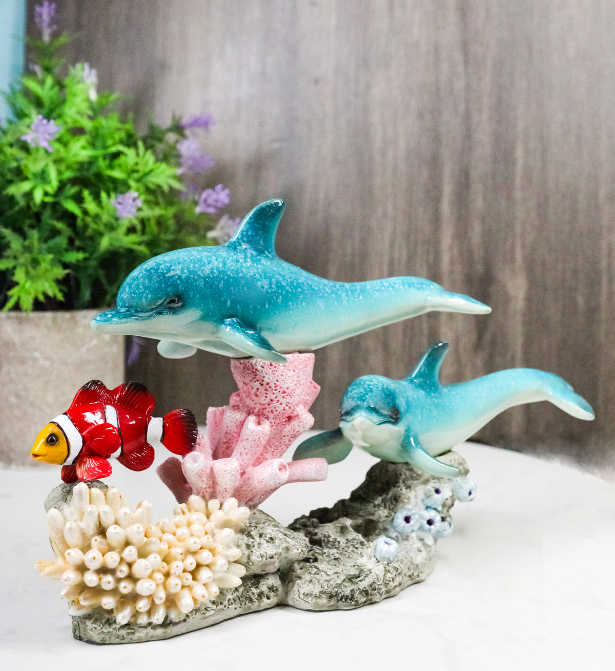 Ocean Blue Dolphins Clownfish Swimming By Coral Reef and Sea Anemone Figurine