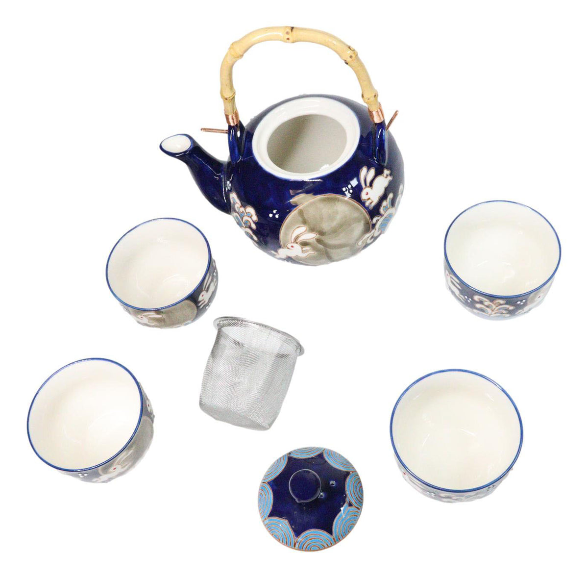 Blue Moon Rabbit Porcelain 30oz Teapot With Bamboo Handle And 4 Tea Cups Set