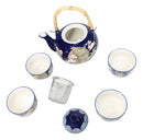 Blue Moon Rabbit Porcelain 30oz Teapot With Bamboo Handle And 4 Tea Cups Set