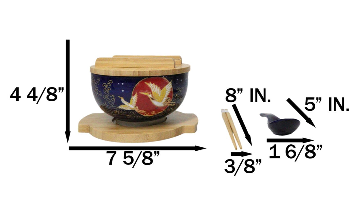 Red Moon Golden Crane Donburi Ramen Bowl With Lid Trivet Spoon Chopsticks Set - Ebros Gift