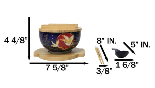 Red Moon Golden Crane Donburi Ramen Bowl With Lid Trivet Spoon Chopsticks Set - Ebros Gift