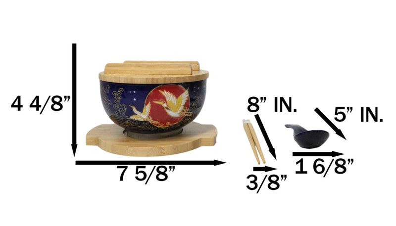 Red Moon Golden Crane Donburi Ramen Bowl With Lid Trivet Spoon Chopsticks Set