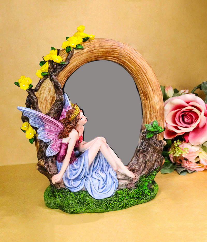 Beautiful Crowned Fairy Daydreaming in The Forest Table Desktop Mirror Figurine