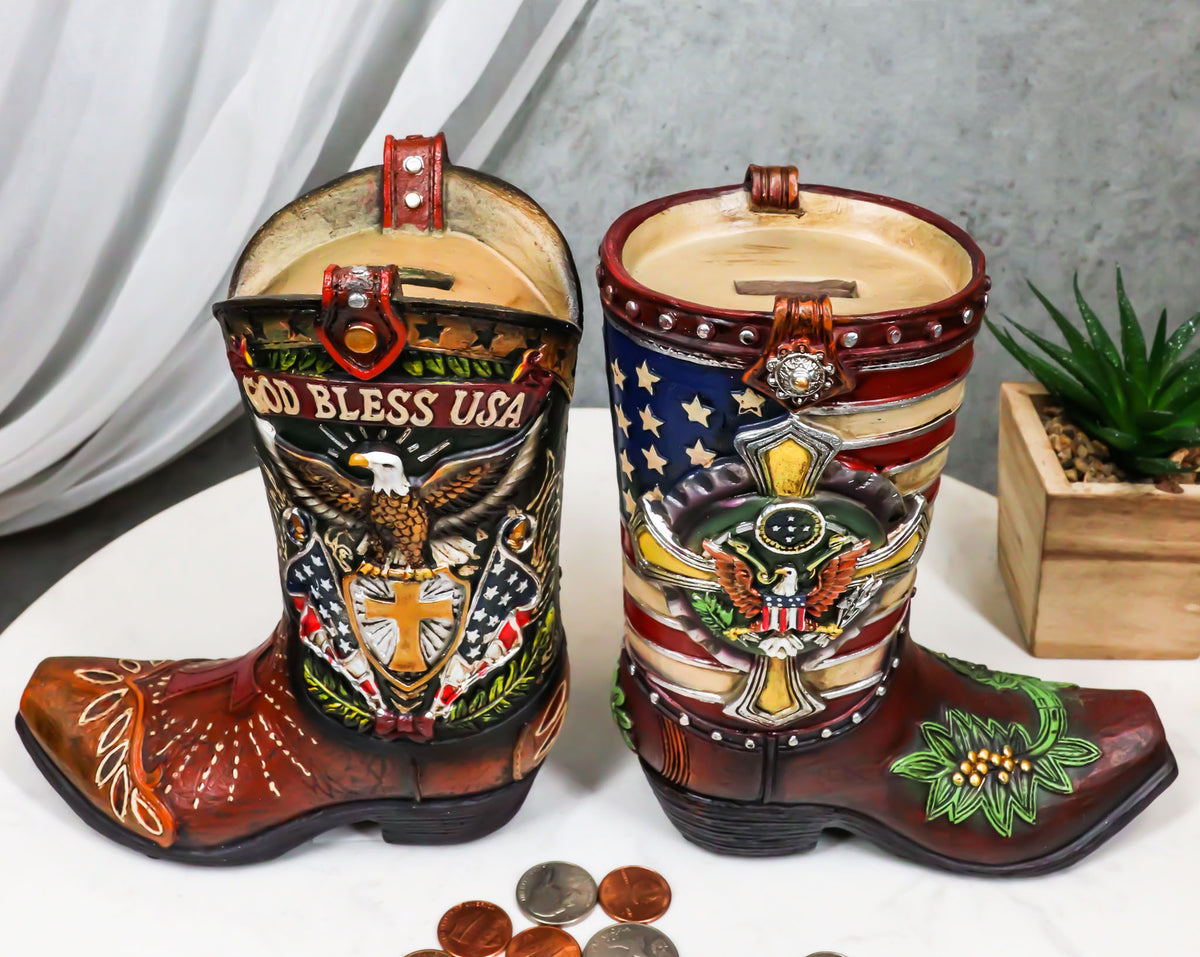 Set Of 2 Rustic Western Patriotic USA Flag Military Cowboy Boot Money Banks