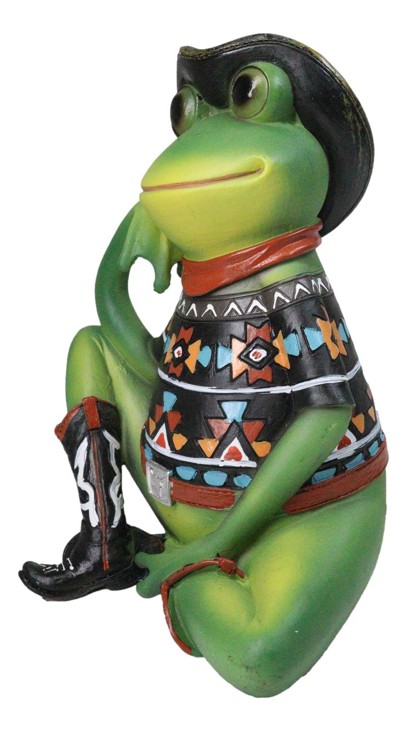 Western Green Cowboy Toad Frog with Black Hat Boots and Aztec Serape Figurine