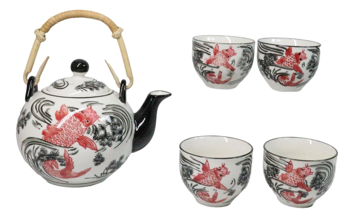 Red Black Koi Fish Porcelain 30oz Teapot With Bamboo Handle And 4 Tea Cups Set
