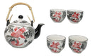 Red Black Koi Fish Porcelain 30oz Teapot With Bamboo Handle And 4 Tea Cups Set