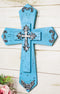 Rustic Western Turquoise Silver Scrollwork Faux Wood Layered Wall Cross Crucifix