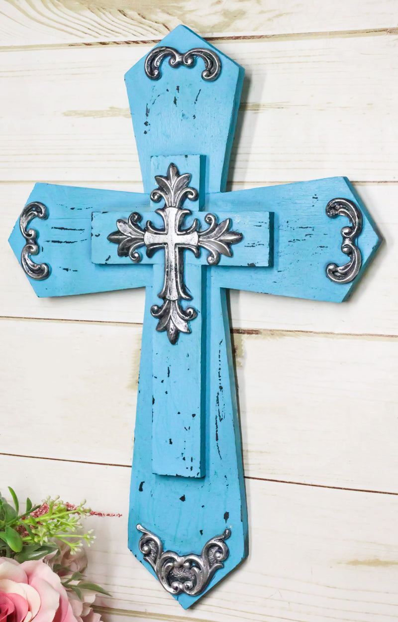 Rustic Western Turquoise Silver Scrollwork Faux Wood Layered Wall Cross Crucifix