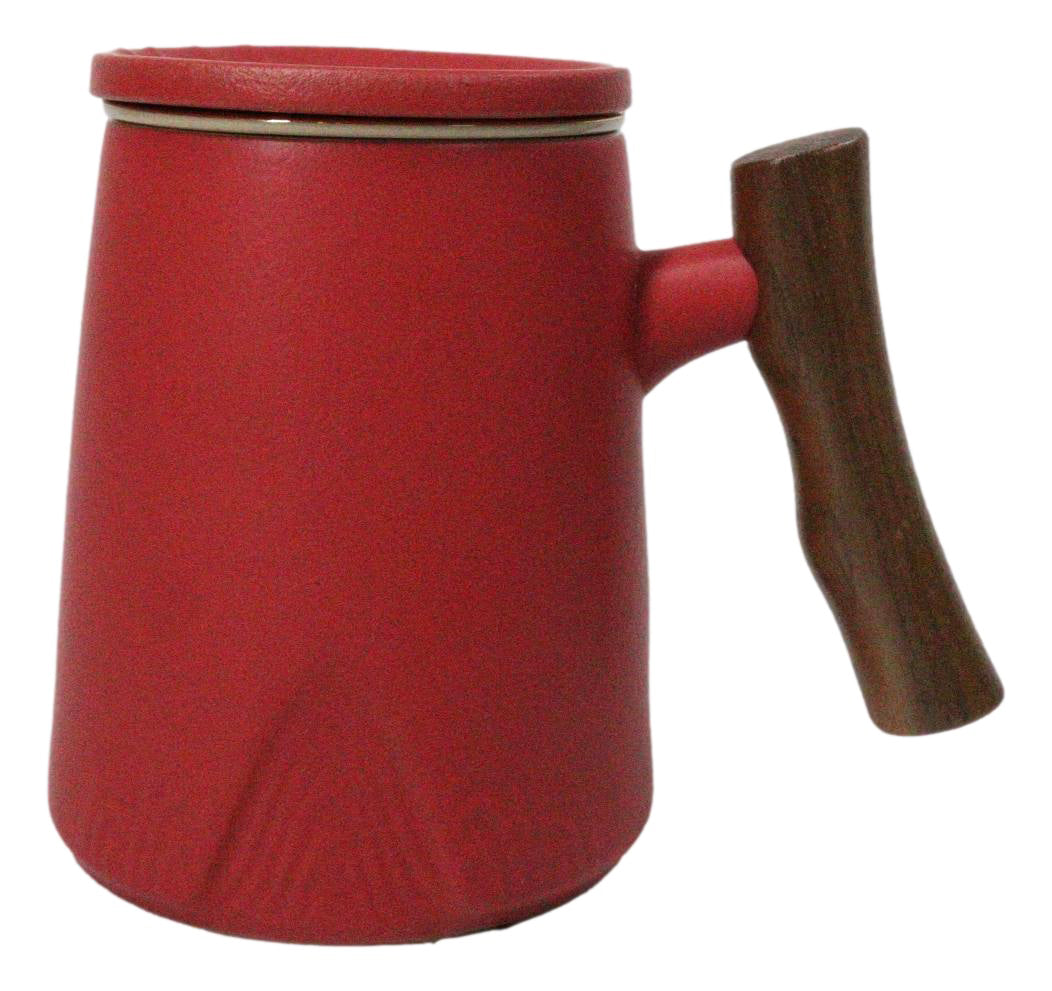 Red 15 Oz Chic Porcelain Tea Mug with Wooden Handle, Lid and Infuser