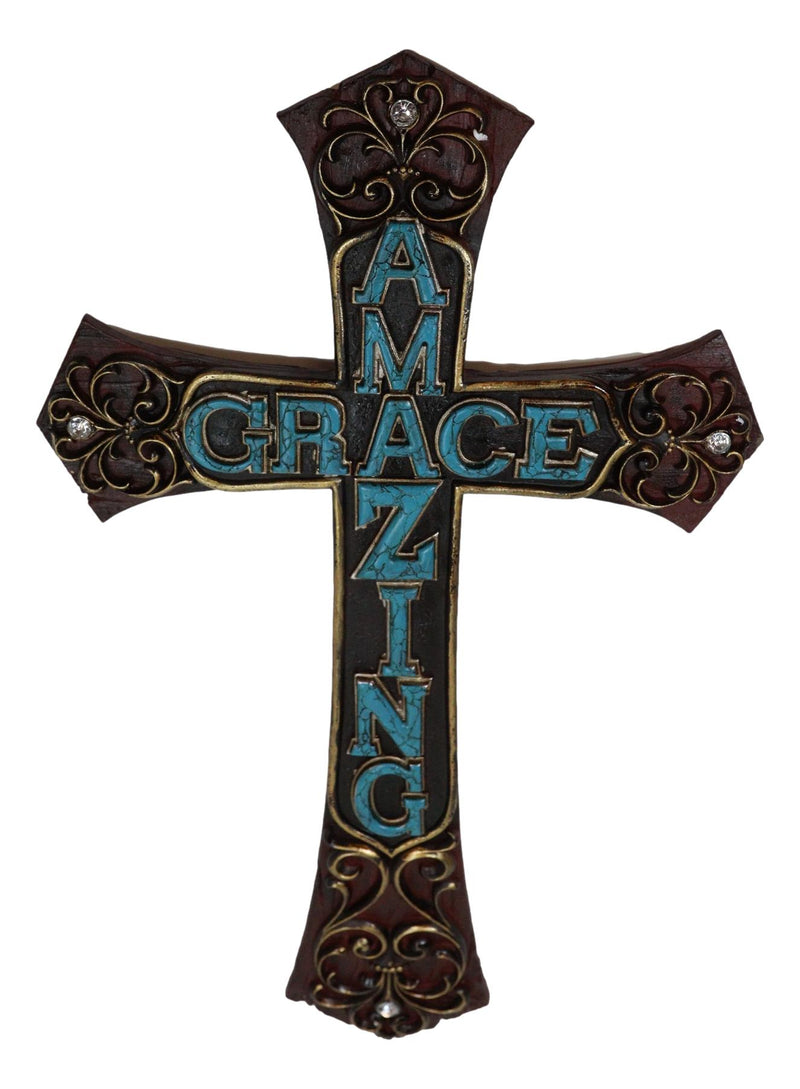 18"H Rustic Western Faux Wooden Amazing Grace Scrollwork Decorative Wall Cross