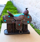 Western Saddle Centerpiece Figurine Faux Tooled Leather Turquoise Accents 13"L