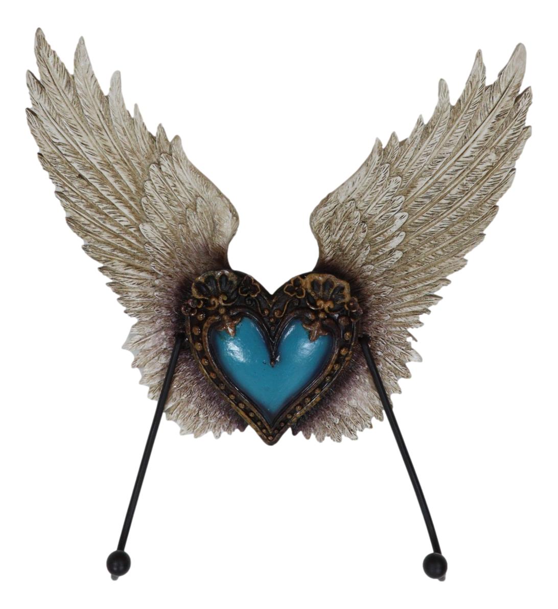 Rustic Western Turquoise Heart Le Fleur Angel Wings Wall Double Hooks Sculpture - Ebros Gift