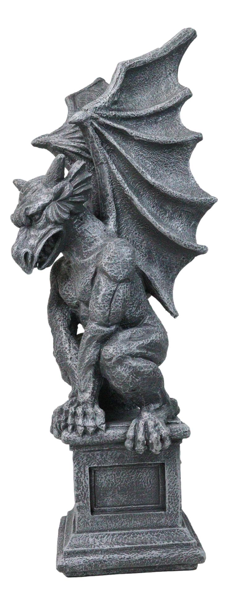 Large 17" H Gothic Crouching Wise Old Griffin Gargoyle On Pedestal Figurine