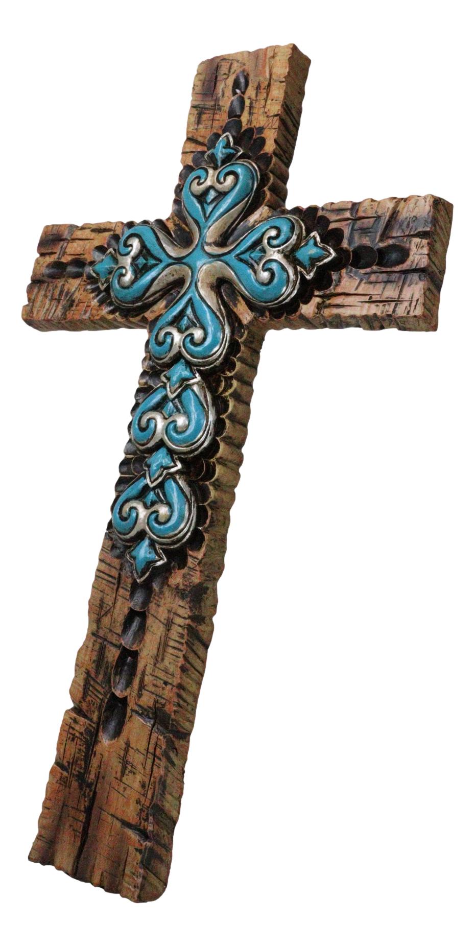 Rustic Southwestern Faux Wooden Turquoise Fleur De Lis Scrollwork Wall Cross