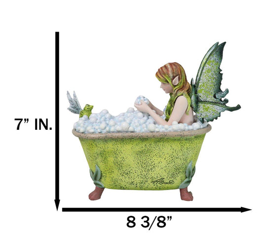Whimsical Green Fairy Bathing in Tub With Pixie Frog Figurine By Amy Brown