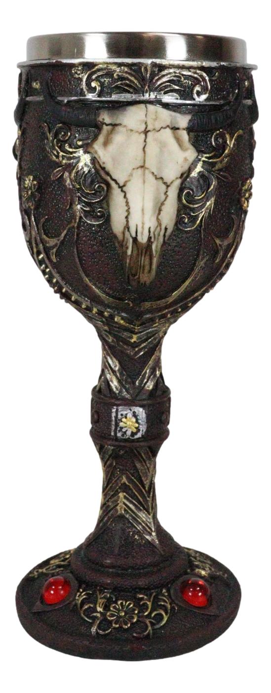 Ebros Horned Wild Bison Steer Tribal Skull Red Cyrstals Maroon Wine Chalice Goblet Cup