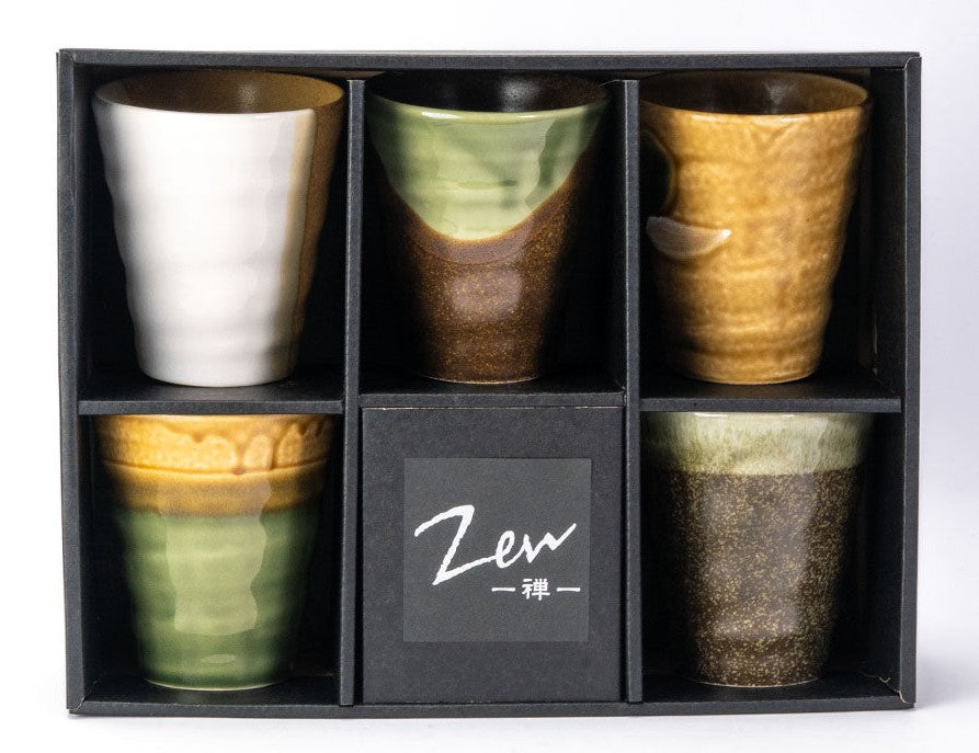 Abstract Art Tenmoku Glazed Ceramic 10oz Coffee Tea Cup Set of 5 Made In Japan