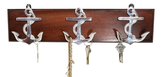 Polished Aluminum Nautical Sailor Ship Anchors On Board Plank 6-Pegs Wall Hook