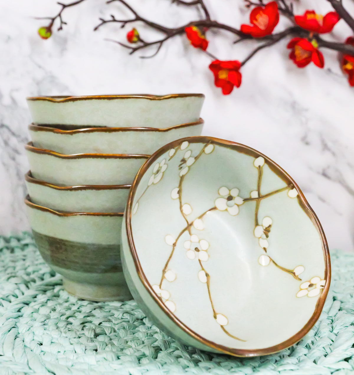 Made In Japan Ceramic Soushun Sakura Cherry Blossoms Small Rice Soup Bowls 10oz
