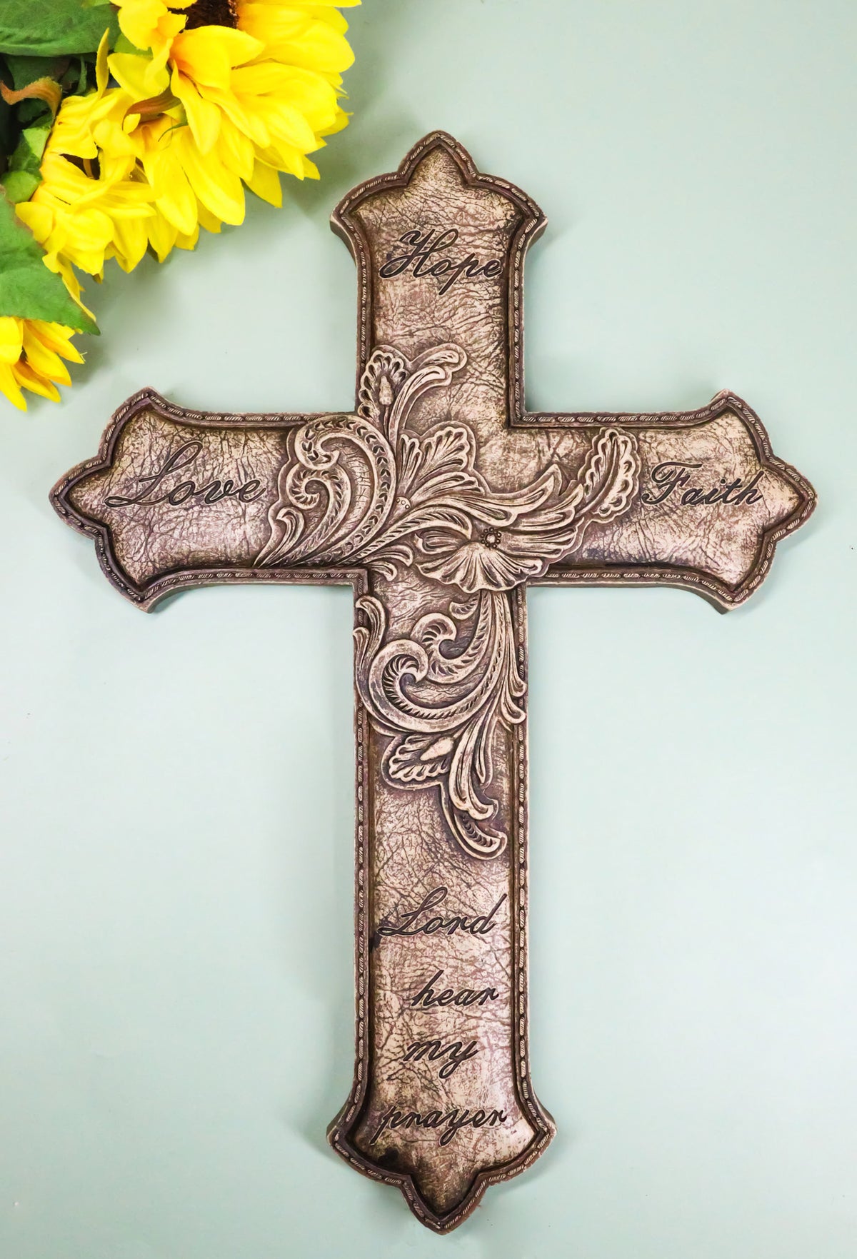 Hope Love Faith Lord Hear My Prayer Fleur De Lis Floral Faux Leather Wall Cross