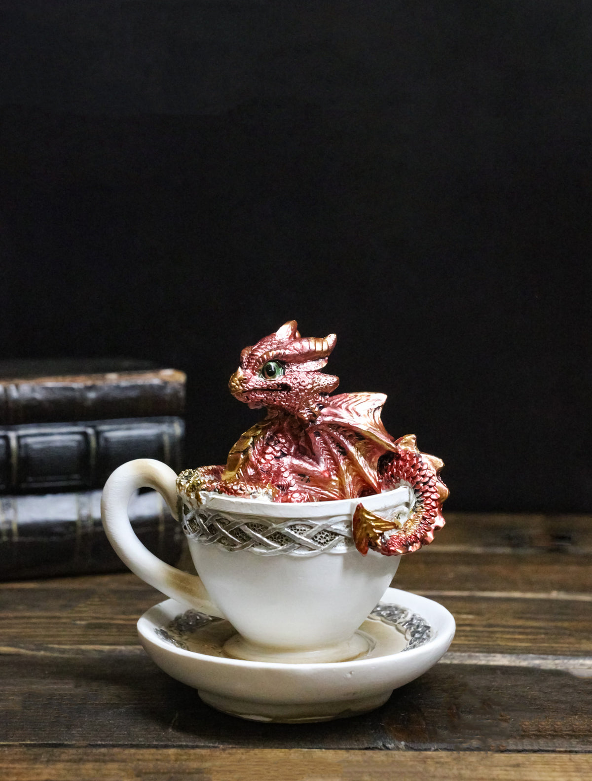Red Metallic Baby Wyrmling Dragon Bathing In Tea Cup with Saucer Figurine