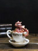 Red Metallic Baby Wyrmling Dragon Bathing In Tea Cup with Saucer Figurine