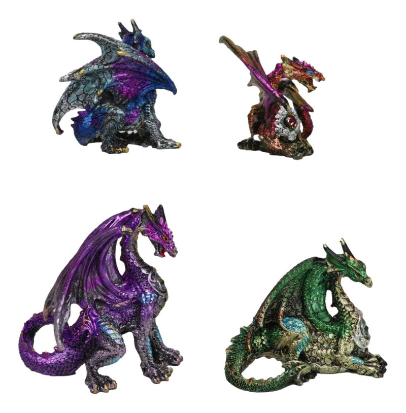 Set of 4 Colorful Metallic Elemental Dragons in Multiple Poses Mini Figurines