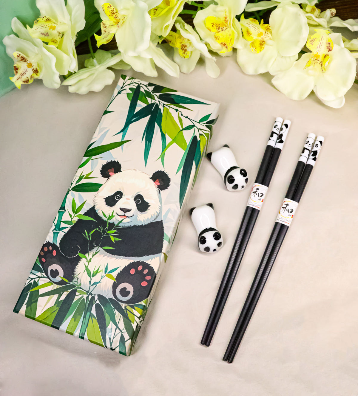 White And Black Giant Panda Bears Set of 2 Chopsticks And Ceramic Rests Set