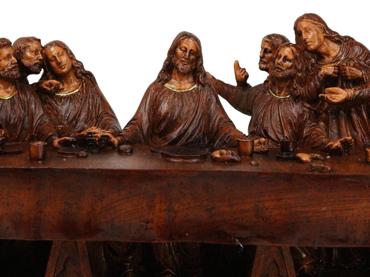 Leonardo Da Vinci The Last Supper Jesus And Disciples Faux Wooden Figurine 14"L - Ebros Gift