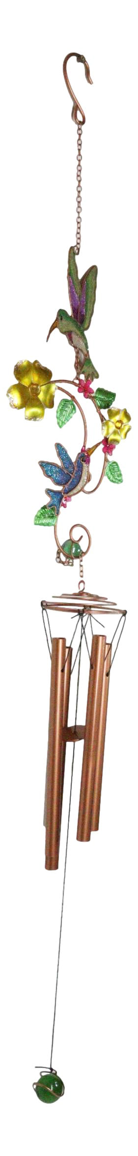 Hummingbirds Hovering Over Nectar Flowers Art Glass Gemstones Metal Wind Chime