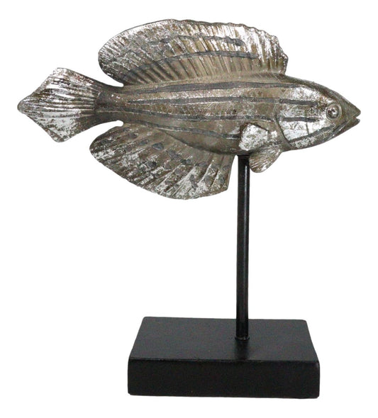 Marine Silver Tone Diamond-Tail Flasher Wrasse Fish Sculpture With Pole Stand
