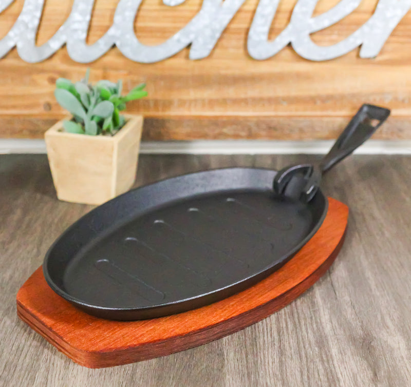 Personal Size Cast Iron Oval Fajita Steak Pan Skillet With Wood Trivet Base