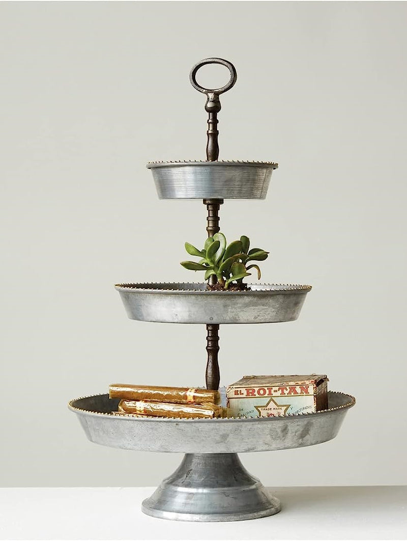 Rustic Farmhouse 3 Tiered Tabletop Galvanized Metal Serving Tray With Handle