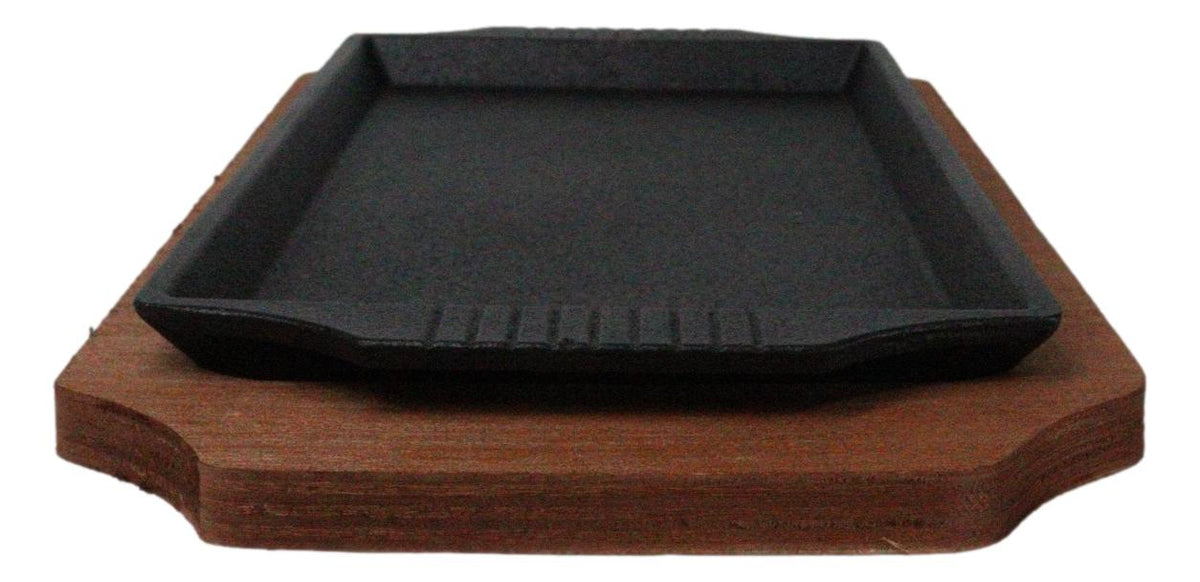 Personal Size Cast Iron Rectangular Fajita Steak Pan Skillet With Wood Trivet - Ebros Gift