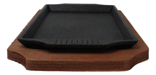 Personal Size Cast Iron Rectangular Fajita Steak Pan Skillet With Wood Trivet - Ebros Gift
