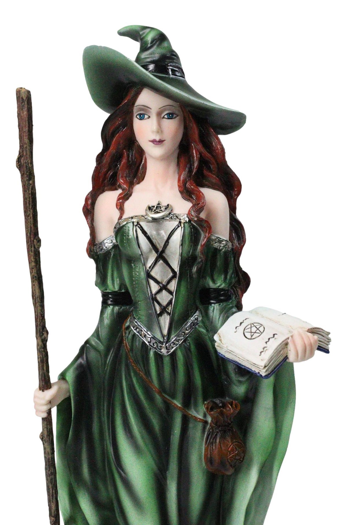 Wicca Magic Green Witch Figurine with Broomstick, Spell Book & Black Cat, 10"H