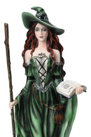 Wicca Magic Green Witch Figurine with Broomstick, Spell Book & Black Cat, 10"H