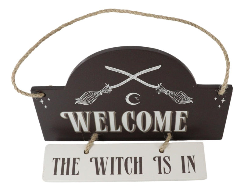 Witchcraft Welcome The Witch is in Crossed Broomsticks Wooden Wall Sign Decor