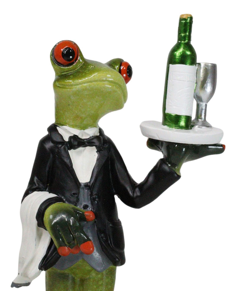 Green Toad Frog Silver Service Butler With Wine Glass And Bottle Figurine 7"H