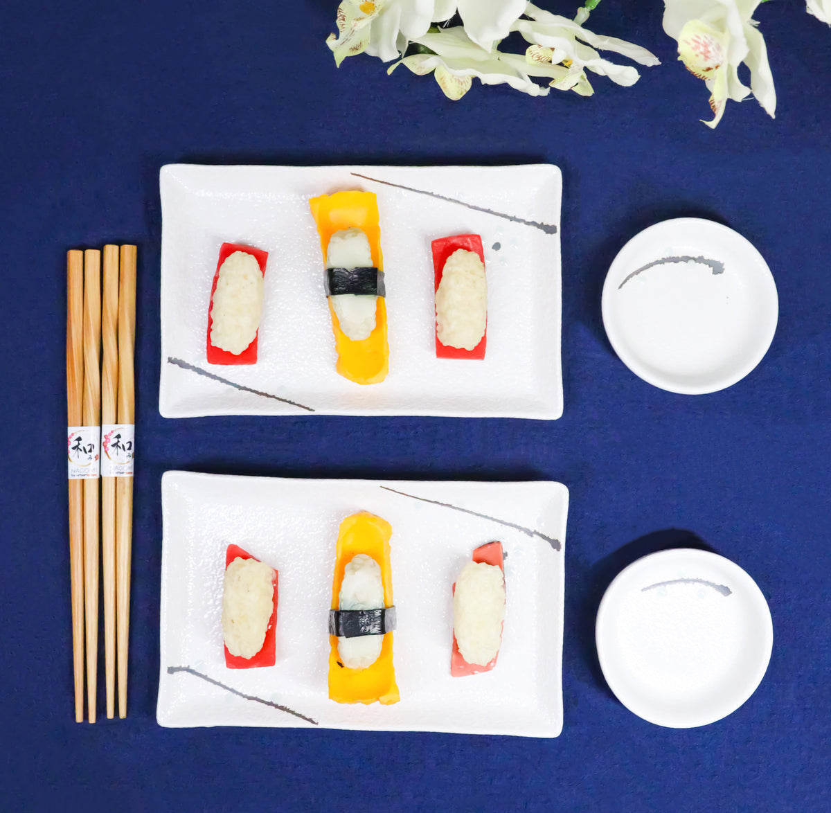 Yukino Hana Porcelain Sushi Plates Sauce Dishes Chopsticks Dinnerware Set For 2