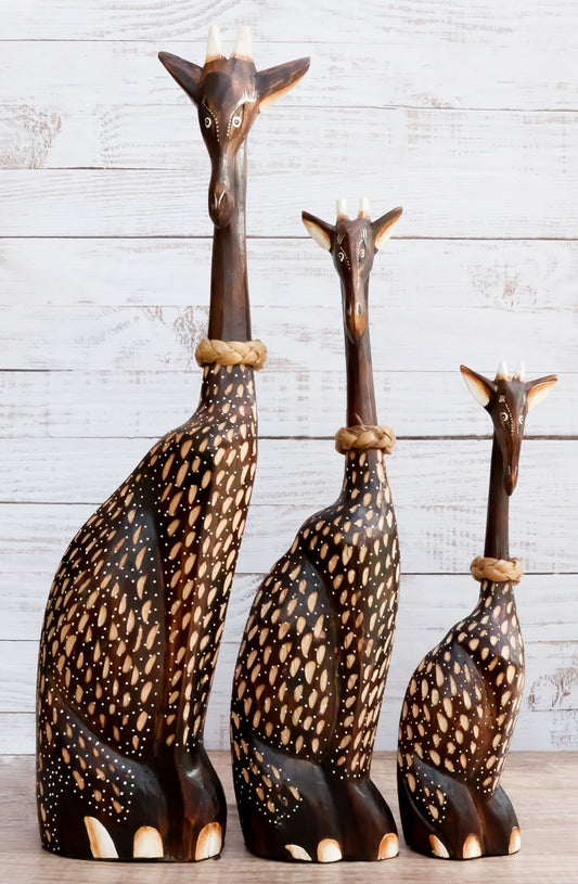 Balikraft Balinese Wood Handicrafts Large Safari Giraffe Family Figurine Set