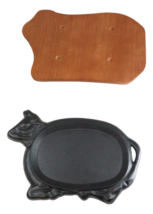 Personal Size Cow Shaped Cast Iron Unseasoned Sizzling Fajita Pan Skillet Set - Ebros Gift