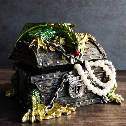 Gold Green Treasure Dragon Guarding Pirate Chest Decorative Jewelry Trinket Box - Ebros Gift