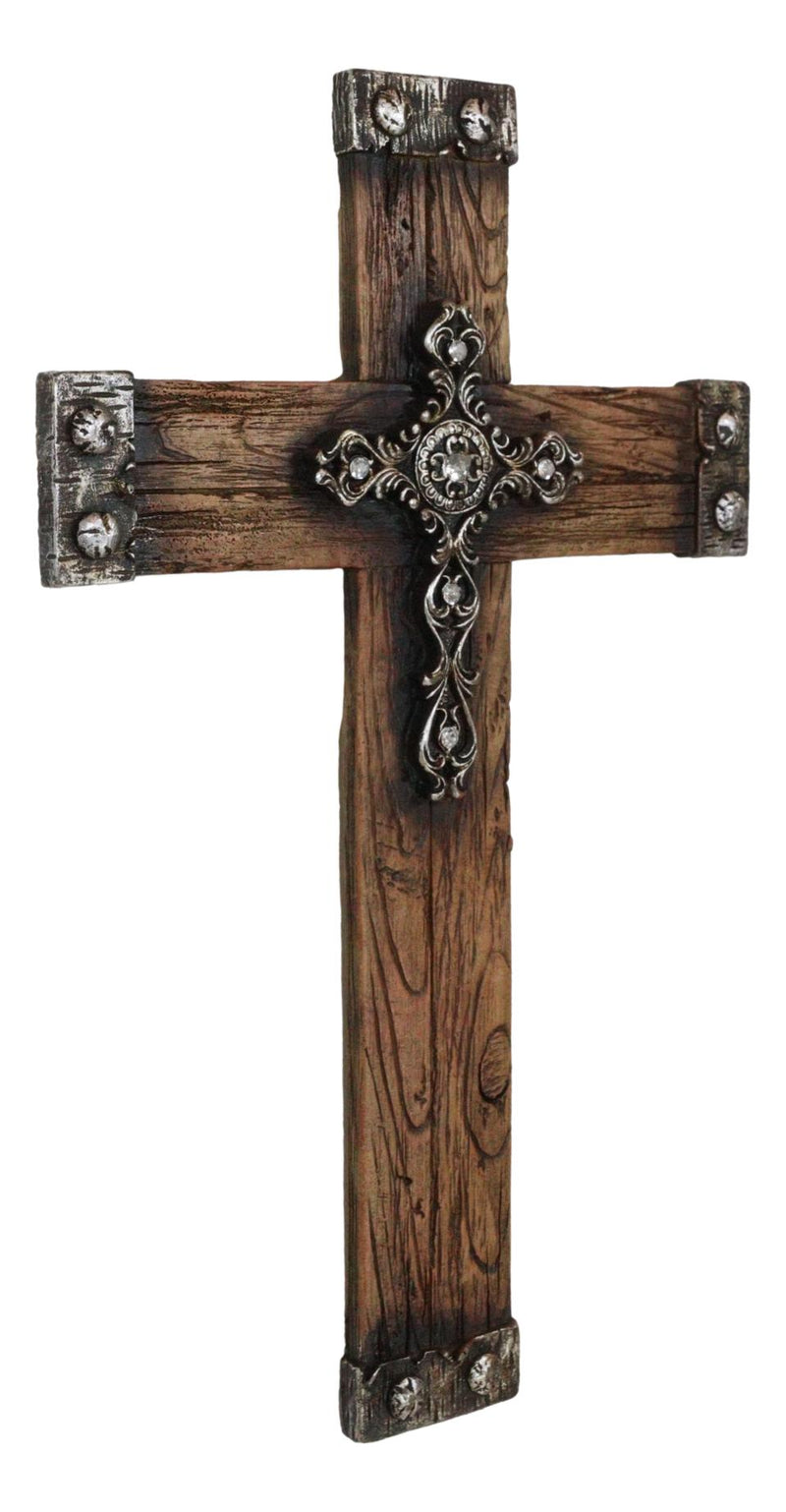 Rustic Western Faux Wood Grain With Layered Silver Scroll Crystals Wall Cross