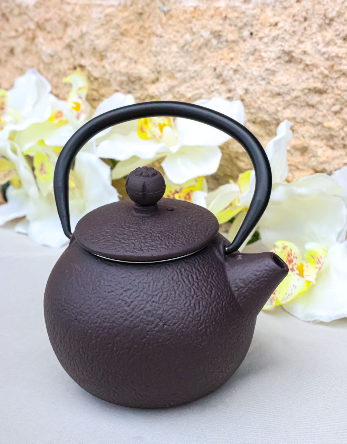 Round Dark Brown Textured Pattern Petite Cast Iron Teapot 10oz Tea Pot