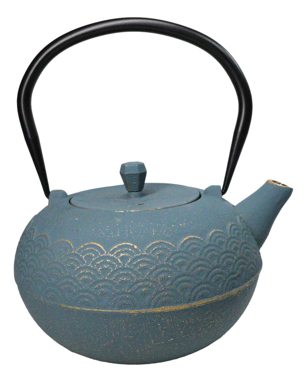 Round Teal Blue Seigaiha Waves Large Cast Iron Tetsubin Teapot 40oz Tea Pot