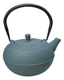 Round Teal Blue Seigaiha Waves Large Cast Iron Tetsubin Teapot 40oz Tea Pot