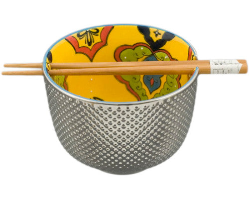 Set of 2 Ottoman Silver Plated Ramen Noodle Bowls W/ Chopsticks Orange Floral